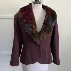 MABLE Vintage Purple Wool Blend Jacket Multi-Color Faux Fur Collar Size 40 Glam